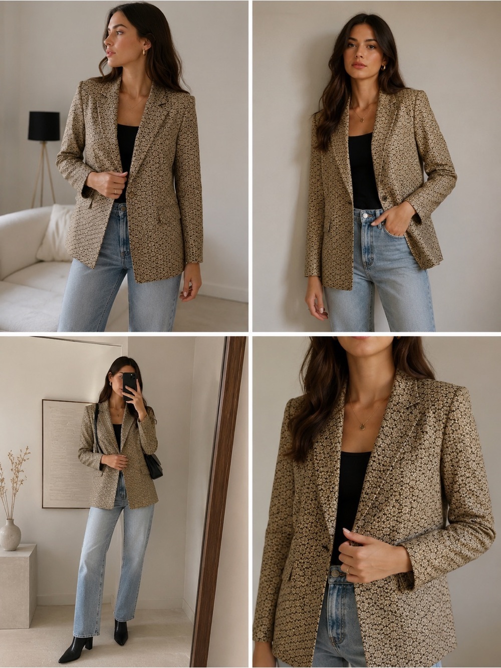 WAYF Brown Gold Textured Blazer Jacket ✨ Neutral Chic